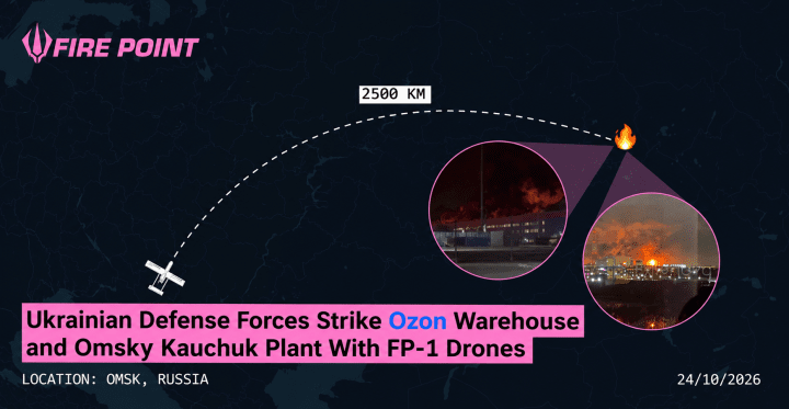 Infographic showing Ukrainian FP-1 drone strikes on a chemical plant and Ozon warehouse in Omsk, Russia, over 2,500 km from Ukraine. (Source: Fire Point) Infographic showing Ukrainian FP-1 drone strikes on a chemical plant and Ozon warehouse in Omsk, Russia, over 2,500 km from Ukraine. (Source: Fire Point)