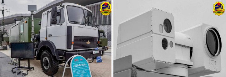 Belarusian “Shafran” counter-drone laser system displayed on a MAZ truck at an exhibition. (Source: Belarusian MoD)