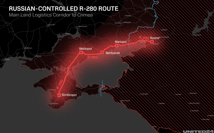 Map showing Russia’s R-280 logistics corridor linking occupied Mariupol with Crimea through Melitopol and Berdyansk. (Source: Oleksandr Manulians/UNITED24 Media) Map showing Russia’s R-280 logistics corridor linking occupied Mariupol with Crimea through Melitopol and Berdyansk. (Source: Oleksandr Manulians/UNITED24 Media)