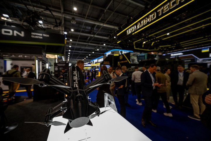 Visitors view a Ukrainian P1-SUN interceptor drone at the Eurosatory 2026 defense exhibition in Villepinte, France, on June 15, 2026. (Source: Getty Images) Visitors view a Ukrainian P1-SUN interceptor drone at the Eurosatory 2026 defense exhibition in Villepinte, France, on June 15, 2026. (Source: Getty Images)