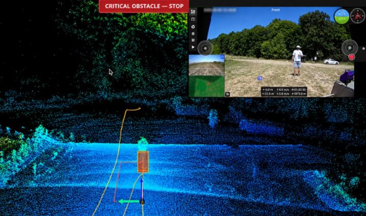 Farsight Vision’s navigation interface displays a 3D point cloud, the planned route, obstacle warnings, and a live camera feed during testing. (Source: Farsight Vision via Oboronka) Farsight Vision’s navigation interface displays a 3D point cloud, the planned route, obstacle warnings, and a live camera feed during testing. (Source: Farsight Vision via Oboronka)