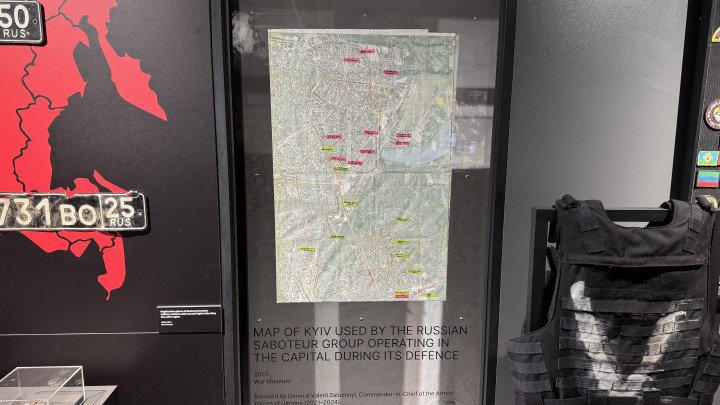 A map of Kyiv used by a Russian sabotage group during the defense of the capital in 2022, donated by General Valerii Zaluzhnyi to Ukraine’s War Museum. (Source: Forces News) A map of Kyiv used by a Russian sabotage group during the defense of the capital in 2022, donated by General Valerii Zaluzhnyi to Ukraine’s War Museum. (Source: Forces News)