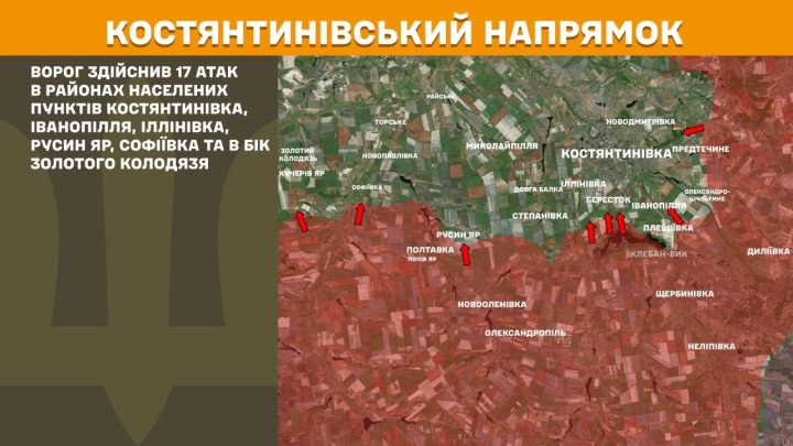 Mapa del sector de Kostiantynivka en Donetsk mostrando 17 ataques de las fuerzas de ocupación bloqueados.