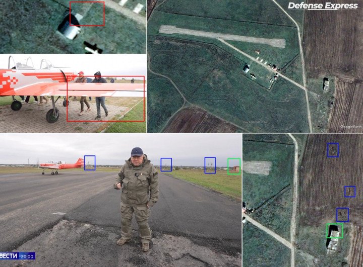 Side-by-side analysis of ground footage and satellite imagery confirms the Yak-52’s presence at the private “Korsak” airfield near Pryazovske. Geolocation was aided by matching runway shapes, structures, and utility poles. (Source: Defense Express)