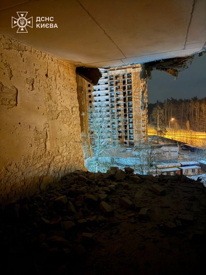 Interior view of a damaged apartment in Kyiv, where the blast tore through a concrete wall, exposing the outside. (Photo: Kyiv Emergency Service)