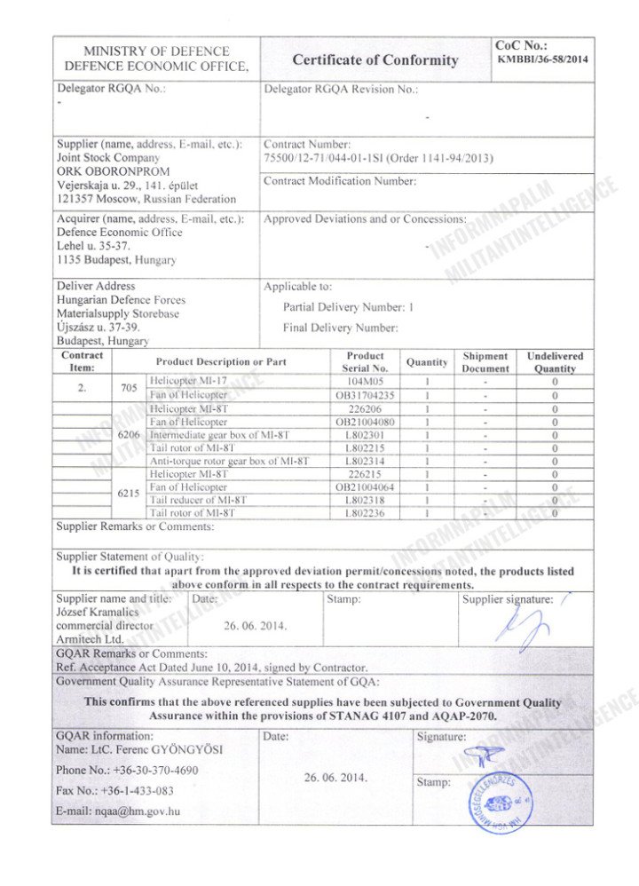 Certificate of Conformity for Oboronprom products, confirming component deliveries for Hungarian Air Force Mi-17/Mi-8 helicopters, 2014. (Source: InformNapalm) Certificate of Conformity for Oboronprom products, confirming component deliveries for Hungarian Air Force Mi-17/Mi-8 helicopters, 2014. (Source: InformNapalm)