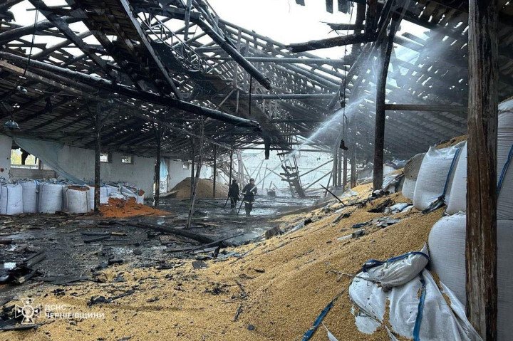 Firefighters work to extinguish a blaze at a damaged grain storage facility in Chernihiv region after a Russian drone strike on October 7, 2025. (Source: SES) Firefighters work to extinguish a blaze at a damaged grain storage facility in Chernihiv region after a Russian drone strike on October 7, 2025. (Source: SES)