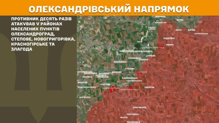 Mapa del eje Oleksandrivka mostrando varios intentos de avance ruso en el frente central.