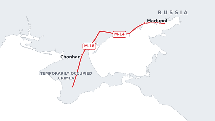 The M-14 and M-18 highways form the backbone of Russia’s land corridor linking occupied Mariupol with temporarily occupied Crimea. According to ISW, Ukrainian forces have established fire control over sections of the route. (Data: OpenStreetMap).