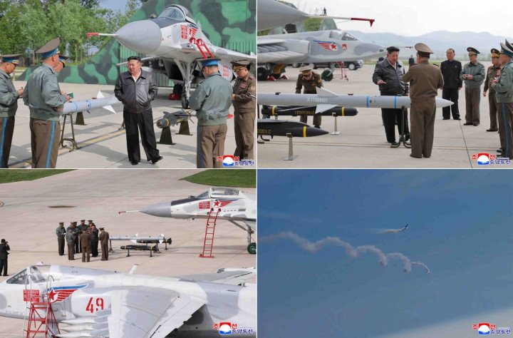Kim Jong Un observes North Korea’s new air-to-air missile on display. (Source: KCNA) Kim Jong Un observes North Korea’s new air-to-air missile on display. (Source: KCNA)
