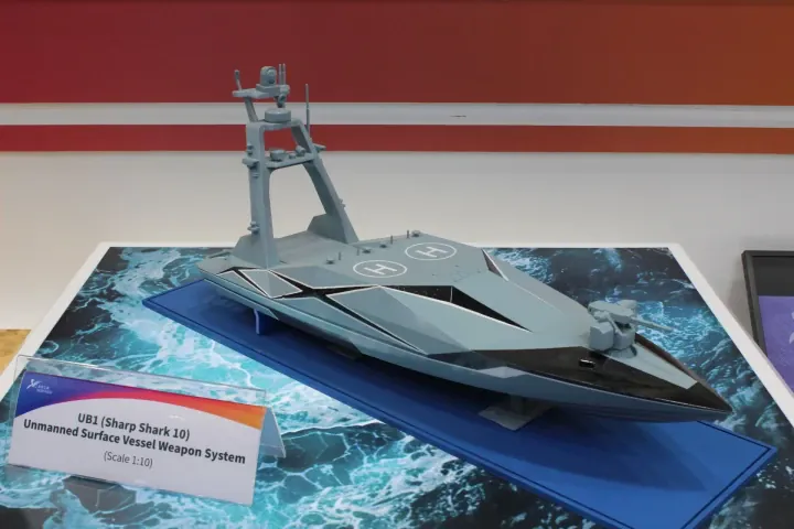 Chinese UB1 Sharp Shark‑10 unmanned surface vessel on display at the UMEX 2026 defense exhibition in the United Arab Emirates. (Photo: Army Recognition)
