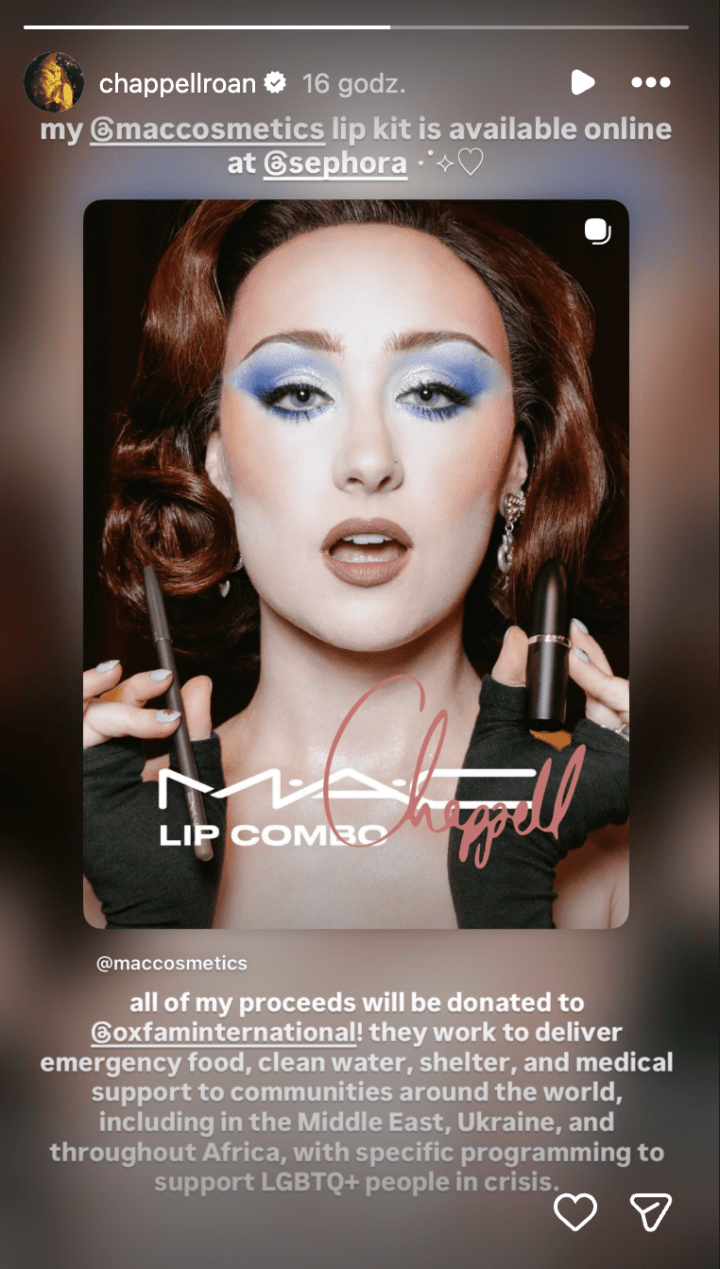 Chappell Roan promotes her MAC Cosmetics lip combo in an Instagram Story, saying all proceeds will be donated to Oxfam International to support humanitarian aid, including in Ukraine. (Source: @chappellroan/Instagram) Chappell Roan promotes her MAC Cosmetics lip combo in an Instagram Story, saying all proceeds will be donated to Oxfam International to support humanitarian aid, including in Ukraine. (Source: @chappellroan/Instagram)