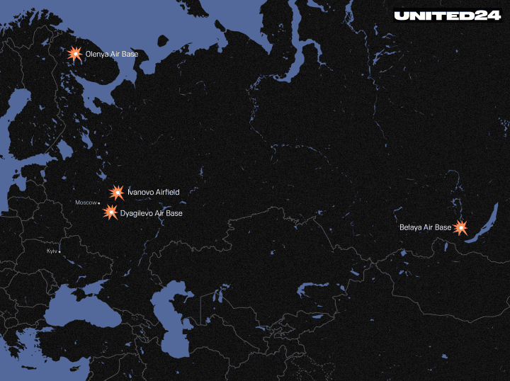 Un mapa de Rusia, mostrando las bases aéreas objetivo de la exitosa operación militar de Ucrania: Operación «Telaraña». (Fuente: UNITED24 Media)