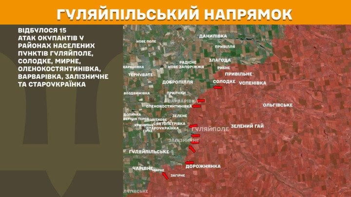 Mapa del eje Huliaipole mostrando múltiples ataques rusos en el sur del frente.