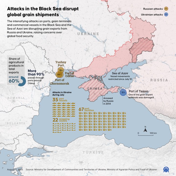 Infographic illustrating how attacks on Black Sea ports and commercial vessels disrupt grain exports from Ukraine and Russia. (Source: Anadolu via Getty Images)