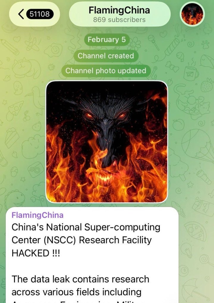Flaming China Telegram channel announcing alleged breach of Chinese supercomputing facility (source: NetAskari)