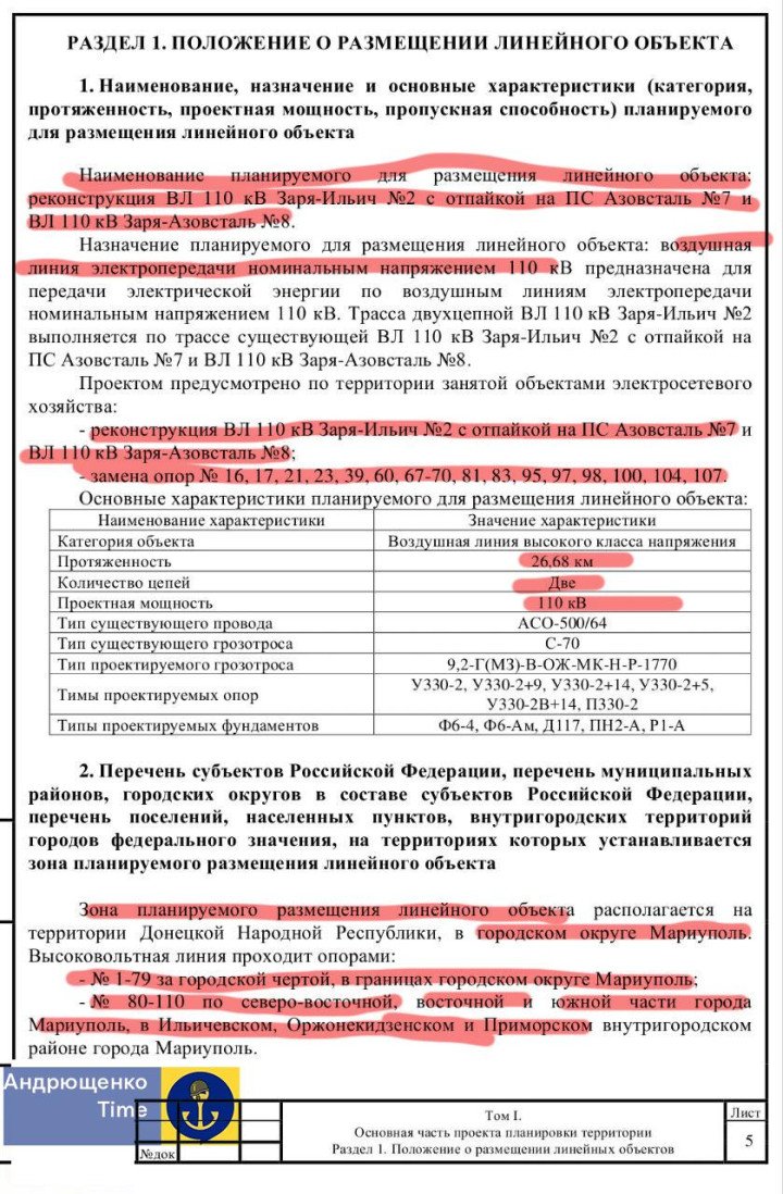 Extracto del documento en el que se detalla la reconstrucción de la línea de 110 kV Zarya-Illich con una ramificación a las subestaciones n.º 7 y n.º 8 de Azovstal, incluida la sustitución de varias torres. (Fuente: Andriushchenko Time)