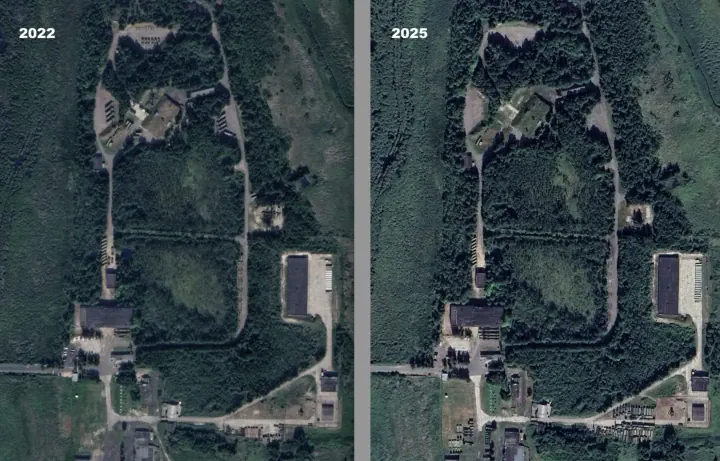 Satellite imagery analyzed by Barents Observer shows 14 missile launchers at a forward position on Yagry Island that disappeared between 2022 and 2025. (Source: Barents Observer / Google Earth) Satellite imagery analyzed by Barents Observer shows 14 missile launchers at a forward position on Yagry Island that disappeared between 2022 and 2025. (Source: Barents Observer / Google Earth)