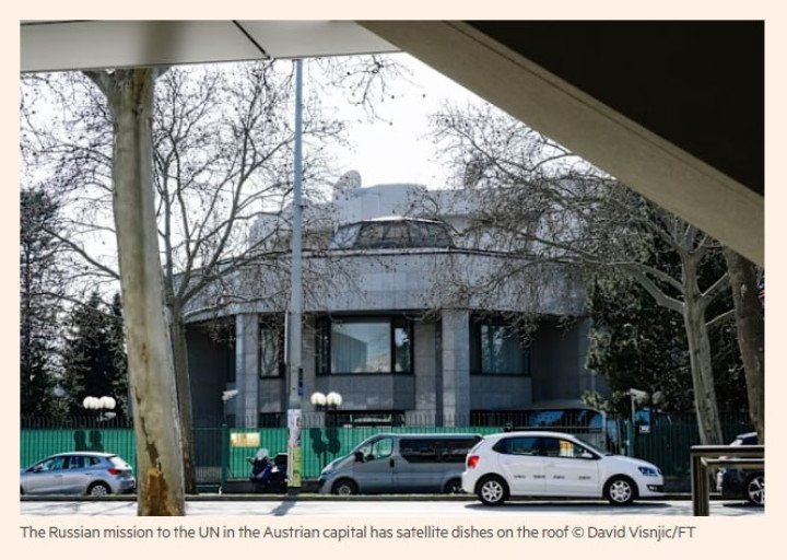 Russian mission to the UN in Vienna with satellite dishes visible on the roof. (Source: FT)