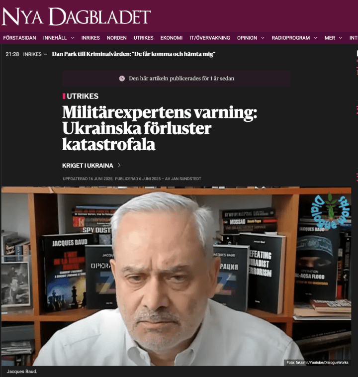 The article headline translates as: “Military Expert Warns: Ukraine’s Losses Are Catastrophic.” (Source: Nyadagbladet)