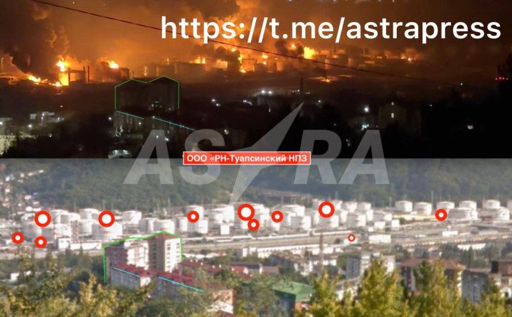 Collage analyzing ignition points in the tank farm of the Tuapse oil refinery following a drone strike, April 20, 2026. (Source: Astra)
