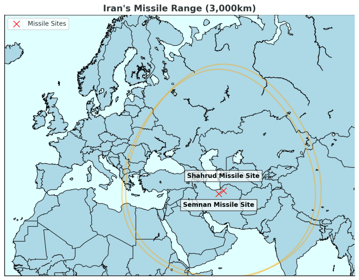 An infographic showing the 3,000km reach of missiles from launch sites in Shahrud and Semnan, potentially covering parts of Europe, the Middle East, and South Asia. (AI-generated) An infographic showing the 3,000km reach of missiles from launch sites in Shahrud and Semnan, potentially covering parts of Europe, the Middle East, and South Asia. (AI-generated)