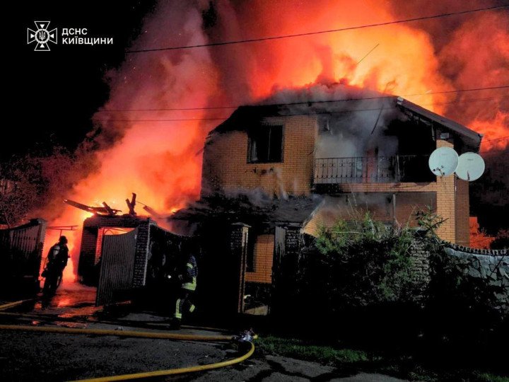 A residential house burns after a Russian drone strike in Kyiv region overnight on April 20, 2026. (Source: State Emergency Service of Ukraine)
