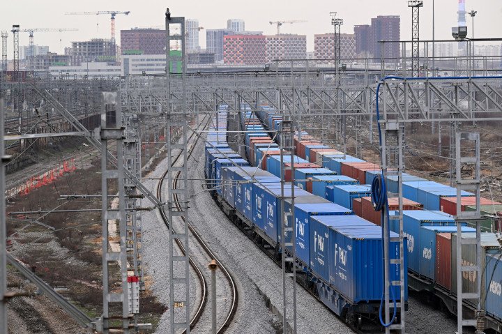 Shipping containers sit on rail trailers at a logistics hub near Moscow on April 9, 2024, part of a parallel import network Russia established to obtain banned goods following Western sanctions. (Source: Getty Images) Shipping containers sit on rail trailers at a logistics hub near Moscow on April 9, 2024, part of a parallel import network Russia established to obtain banned goods following Western sanctions. (Source: Getty Images)