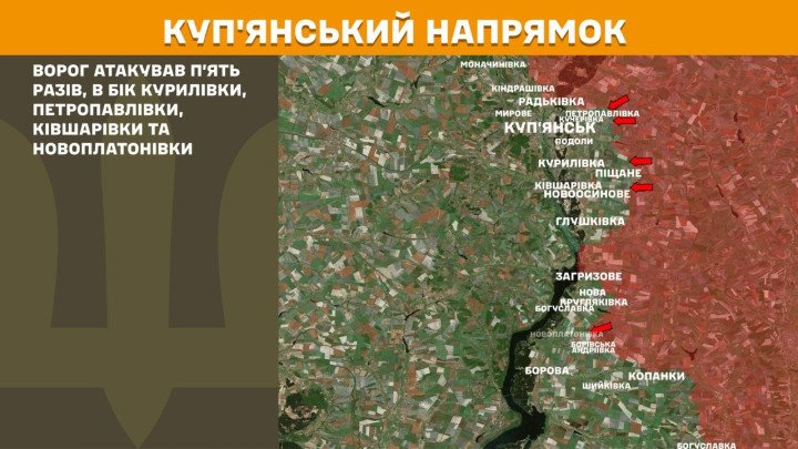 Mapa del sector de Kupiansk con señalizaciones tácticas sobre los movimientos de las tropas rusas hacia las posiciones defensivas de Ucrania.