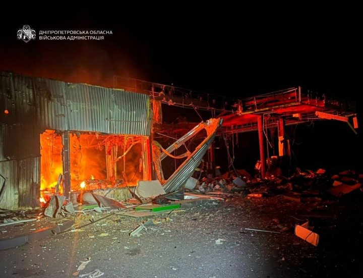 A fire burns at a damaged civilian facility in Ukraine's Dnipropetrovsk region following a Russian overnight drone and missile attack on June 28, 2026. (Source: Dnipropetrovsk Regional Military Administration)