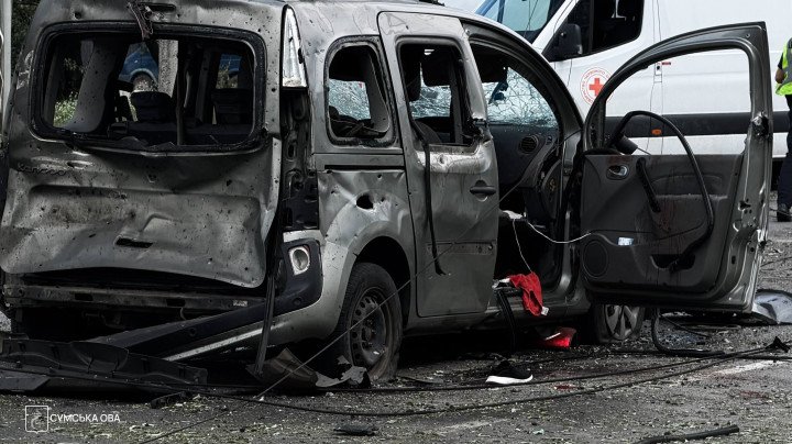 A civilian vehicle damaged by the Russian guided bomb attack in Sumy on July 11, 2026. (Source: Sumy Regional Military Administration)