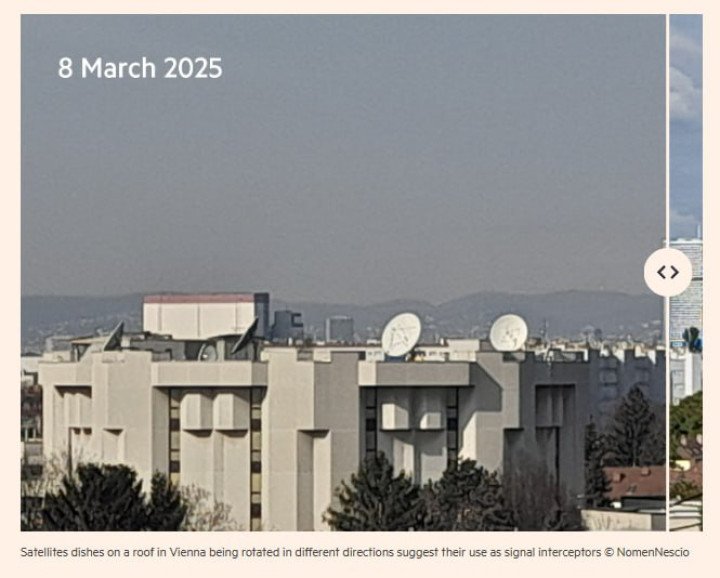 Rooftop satellite dishes in Vienna shown rotating in different directions, indicating signal interception activity. (Source: NomenNescio)