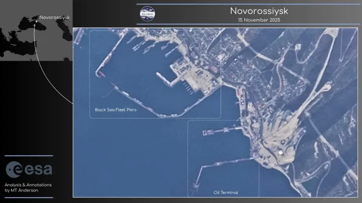 Imagen satelital del puerto ruso de Novorossiysk el 15 de noviembre de 2025. La imagen muestra los daños a la infraestructura petrolera tras un ataque ucraniano. (Fuente: MT_Anderson)