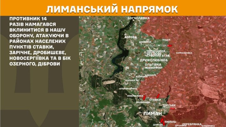 Mapa de la línea del frente en el sector de Lyman, con flechas tácticas que indican los intentos de avance ruso hacia las áreas boscosas y poblados.