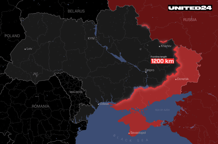 An illustration showing the frontline in the Russian invasion of Ukraine, which spans 1,200 km. (Source: UNITED24 Media) An illustration showing the frontline in the Russian invasion of Ukraine, which spans 1,200 km. (Source: UNITED24 Media)
