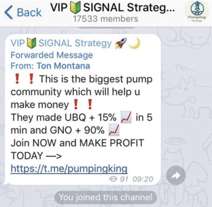 The screenshot of an advert for a pump and dump scheme distributed in Telegram. (Source: ResearchGate) The screenshot of an advert for a pump and dump scheme distributed in Telegram. (Source: ResearchGate)