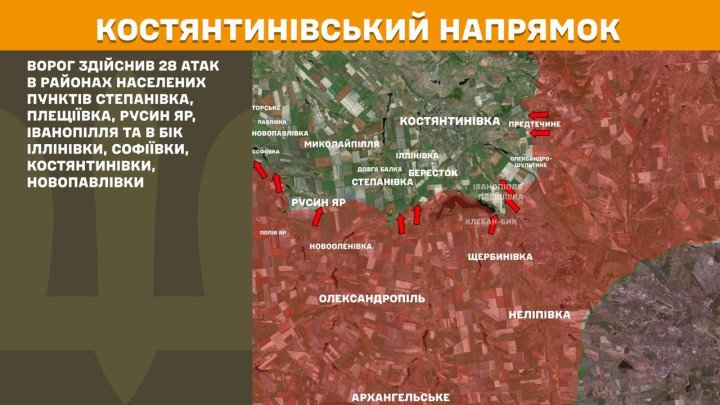 mapa del frente Kostiantynivka con 28 ataques rusos en múltiples localidades Donetsk abril 2026
