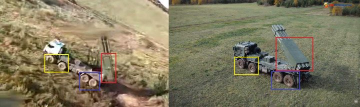 Comparison of Russia’s Sarma MLRS based on combat footage and official promotional imagery. (Source: Militarnyi / Azov 1st Corps / ROSOBORONEXPORT) Comparison of Russia's Sarma MLRS based on combat footage and official promotional imagery. (Source: Militarnyi / Azov 1st Corps / ROSOBORONEXPORT)