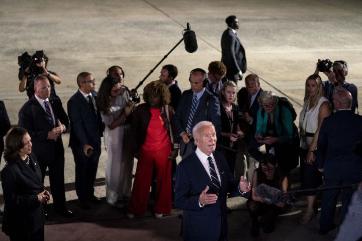US President Joe Biden speaks to members of the media at Joint Base Andrews, Maryland, US, on Thursday, Aug. 1, 2024. (Source: Getty Images) US President Joe Biden speaks to members of the media at Joint Base Andrews, Maryland, US, on Thursday, Aug. 1, 2024. (Source: Getty Images)