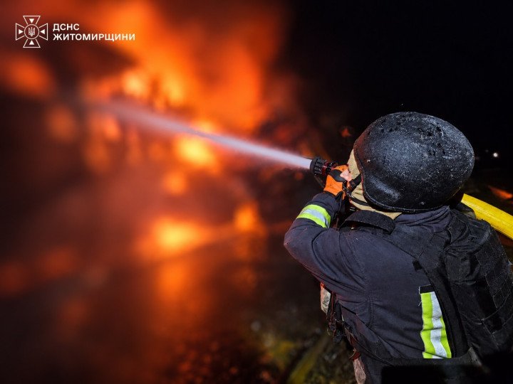 A Ukrainian firefighter battles a blaze following a Russian attack in the Zhytomyr region, October 10, 2026. (Source: State Emergency Service of Ukraine)