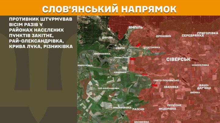 Mapa del sector de Sloviansk, en Donetsk, donde Rusia lanzó ocho ataques cerca de Zakitne, Rai-Oleksandrivka, Kryva Luka y Riznykivka.