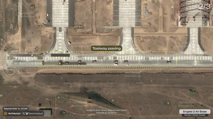 Satellite imagery showing newly paved taxiways connecting aircraft shelter construction sites at Engels-2 air base on September 5, 2026. (Source: Airbus Defence and Space/AviVector) Satellite imagery showing newly paved taxiways connecting aircraft shelter construction sites at Engels-2 air base on September 5, 2026. (Source: Airbus Defence and Space/AviVector)