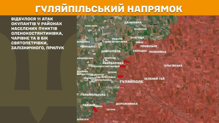 Mapa de la dirección Huliaipole al 7 de abril de 2026, donde se registraron 11 ataques rusos en áreas como Olenokostiantynivka y Charivne, con intentos de avance hacia varias localidades en un eje activo del sureste de Ucrania. (Foto :Estado Mayor de las Fuerzas Armadas de Ucrania) Mapa Huliaipole guerra Ucrania Rusia frente sur 2026 mapa militar ataques rusos Charivne Olenokostiantynivka línea del frente Ucrania Zaporizhzhia combates activos ofensiva rusa abril 2026 mapa guerra Ucrania sur