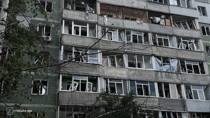 An apartment building damaged by a Russian guided bomb strike in Sumy on July 11, 2026. (Source: Sumy Regional Military Administration)