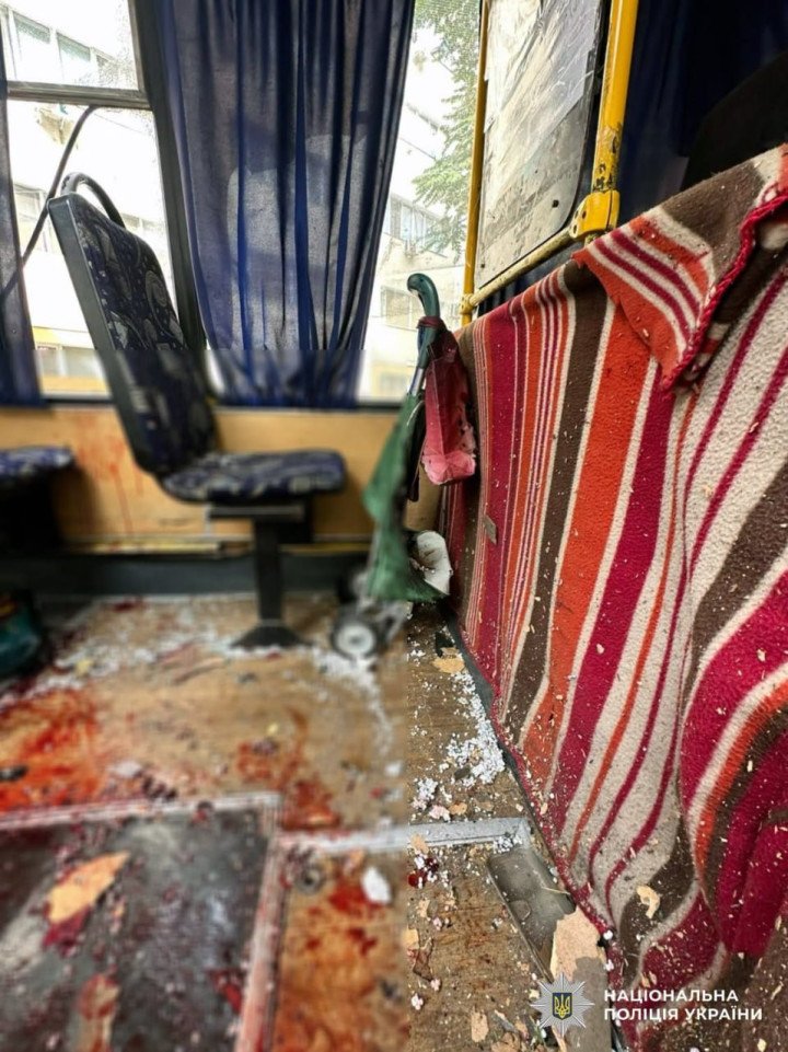 The damaged interior of a civilian minibus following a Russian FPV drone strike in Kherson on August 19, 2026. (Source: National Police of Ukraine) The damaged interior of a civilian minibus following a Russian FPV drone strike in Kherson on August 19, 2026. (Source: National Police of Ukraine)