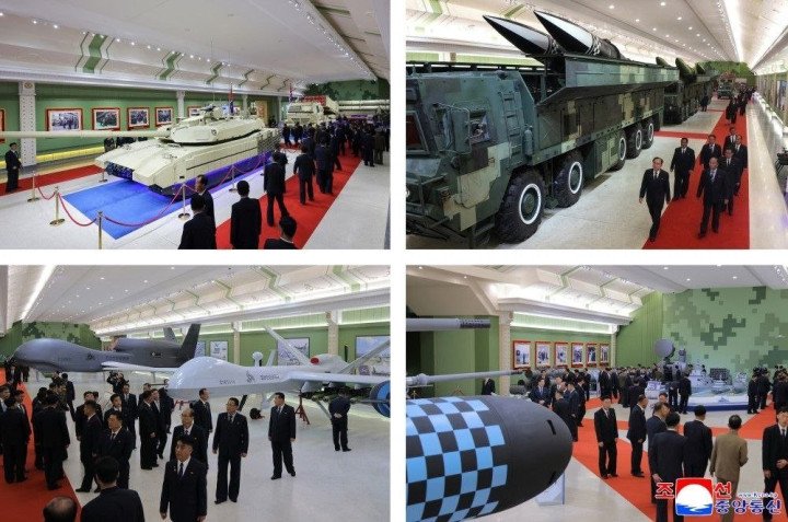 North Korean military equipment, including missiles, armored vehicles, and drones, displayed at a defense exhibition in October 2026. (Source: KCNA)