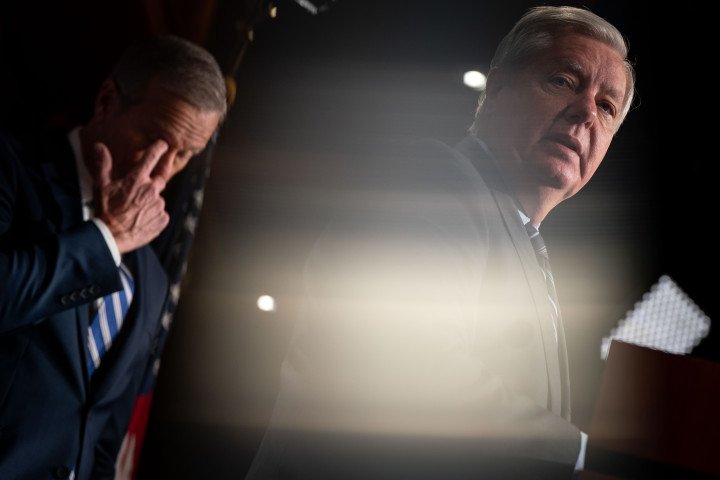Senators Lindsey Graham and John Thune speak during a news conference on border security on January 17, 2024, in Washington, DC. (Source: Getty Images) Senators Lindsey Graham and John Thune speak during a news conference on border security on January 17, 2024, in Washington, DC. (Source: Getty Images)