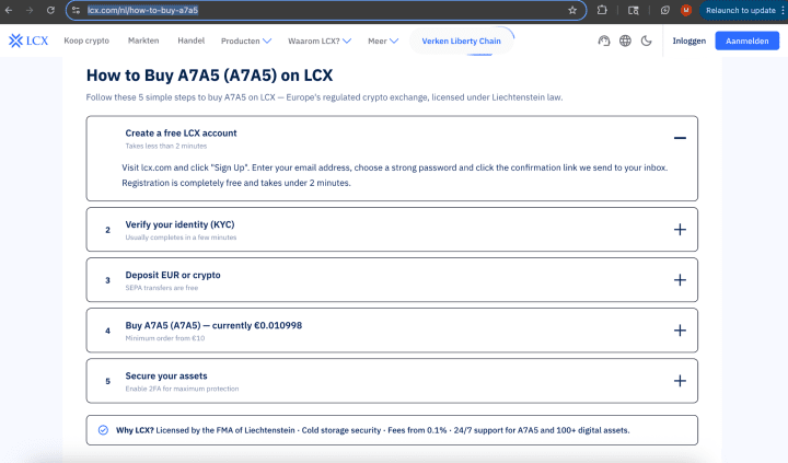 The LCX page instructing users how to buy A7A5.