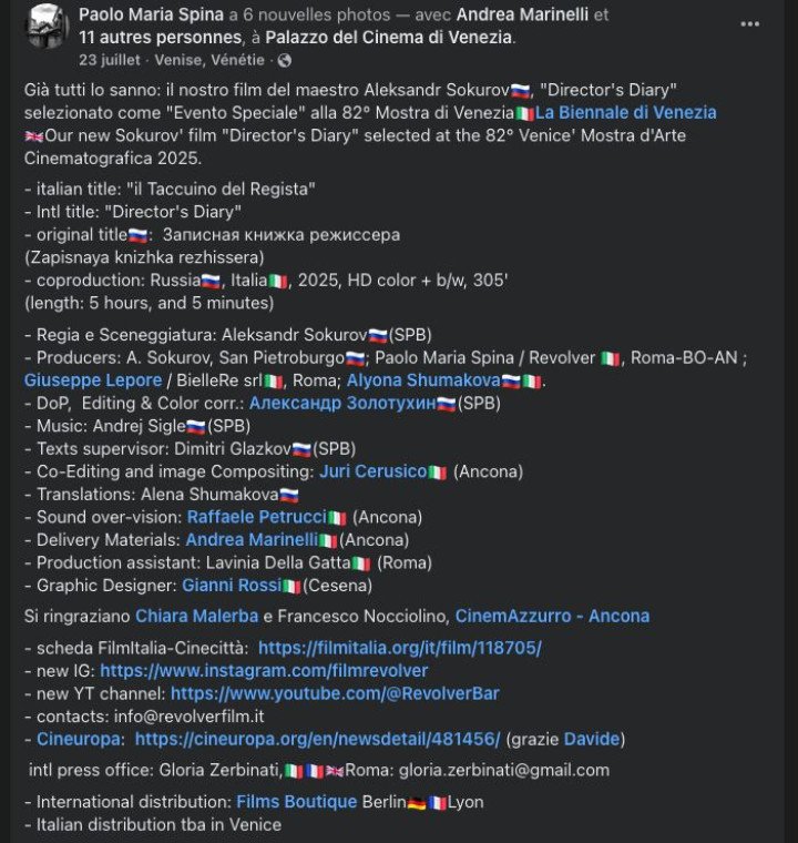 Facebook post of Paolo Maria Spina listing the cast of Sokurov’s film “Director’s Diary”, using flags to mark the nationality of each crew member (Source : Paolo Maria Spina Facebook page) Facebook post of Paolo Maria Spina listing the cast of Sokurov’s film “Director’s Diary”, using flags to mark the nationality of each crew member (Source : Paolo Maria Spina Facebook page)