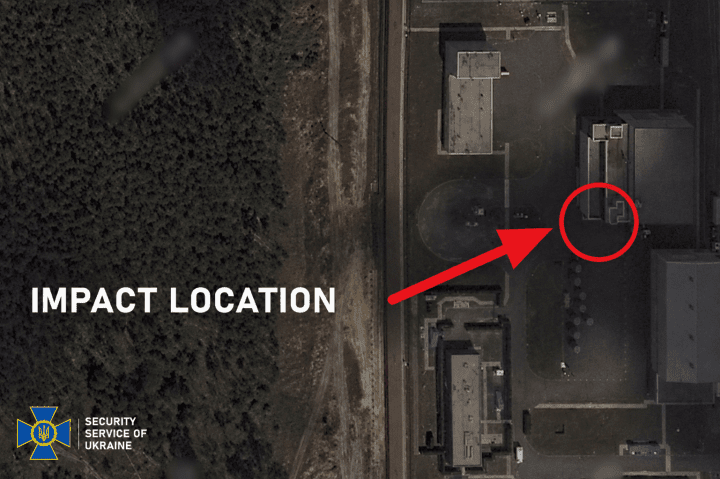 Aerial view showing the reported impact site at the Centralized Spent Nuclear Fuel Storage Facility near the Chornobyl Nuclear Power Plant. (Source: SBU)